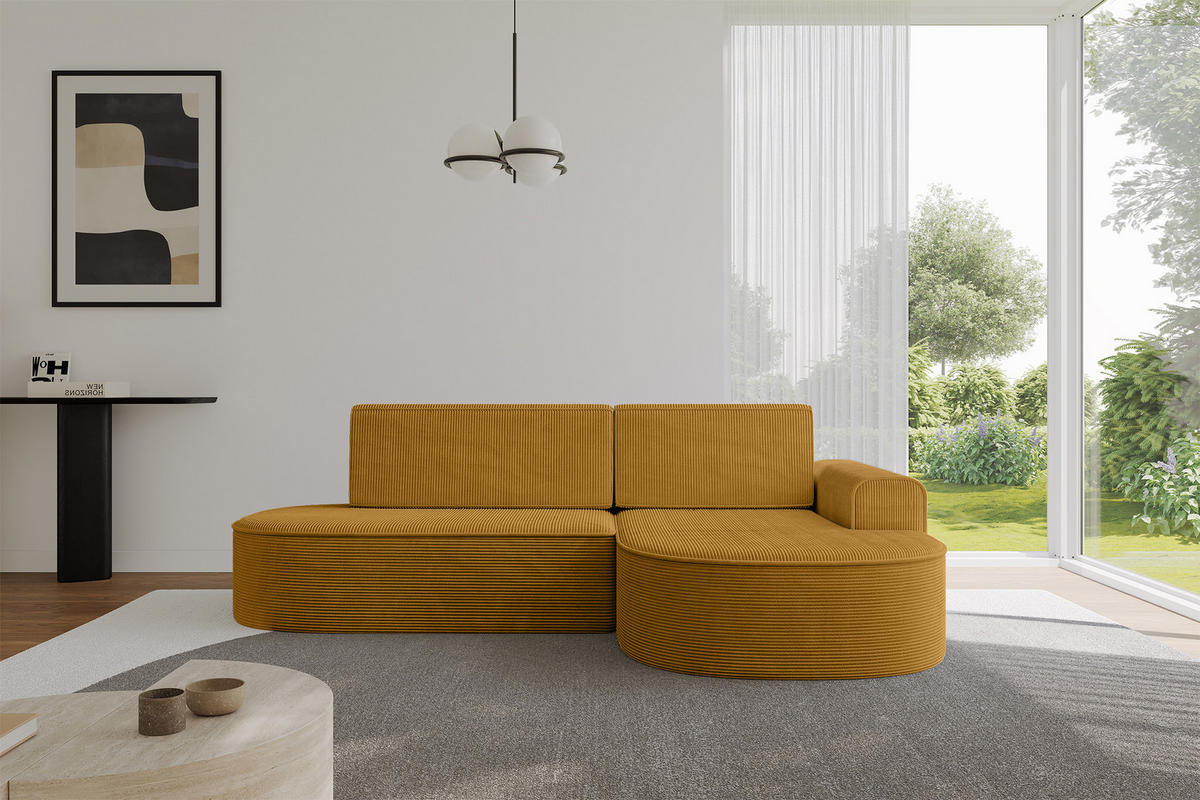 ECKSOFA mit Schlaffunktion und Bettkasten Ottomane Rechts MARI-L1-S - 283x167x85 cm Senfgelb Cord - Gelb/Schwarz, Holzwerkstoff/Kunststoff (167/283cm) - ALTDECOR