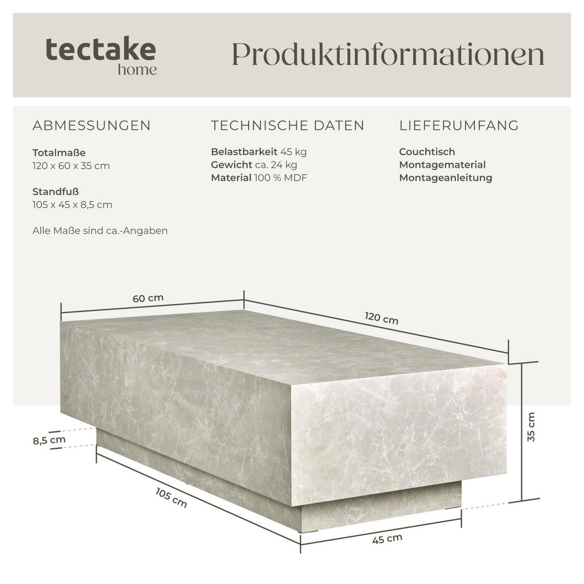 COUCHTISCH Lasley,inkl. Bodenschoner, Belastbarkeit 45 kg,Travertin Optik - Beige, Holz (60/120/35cm) - tectake