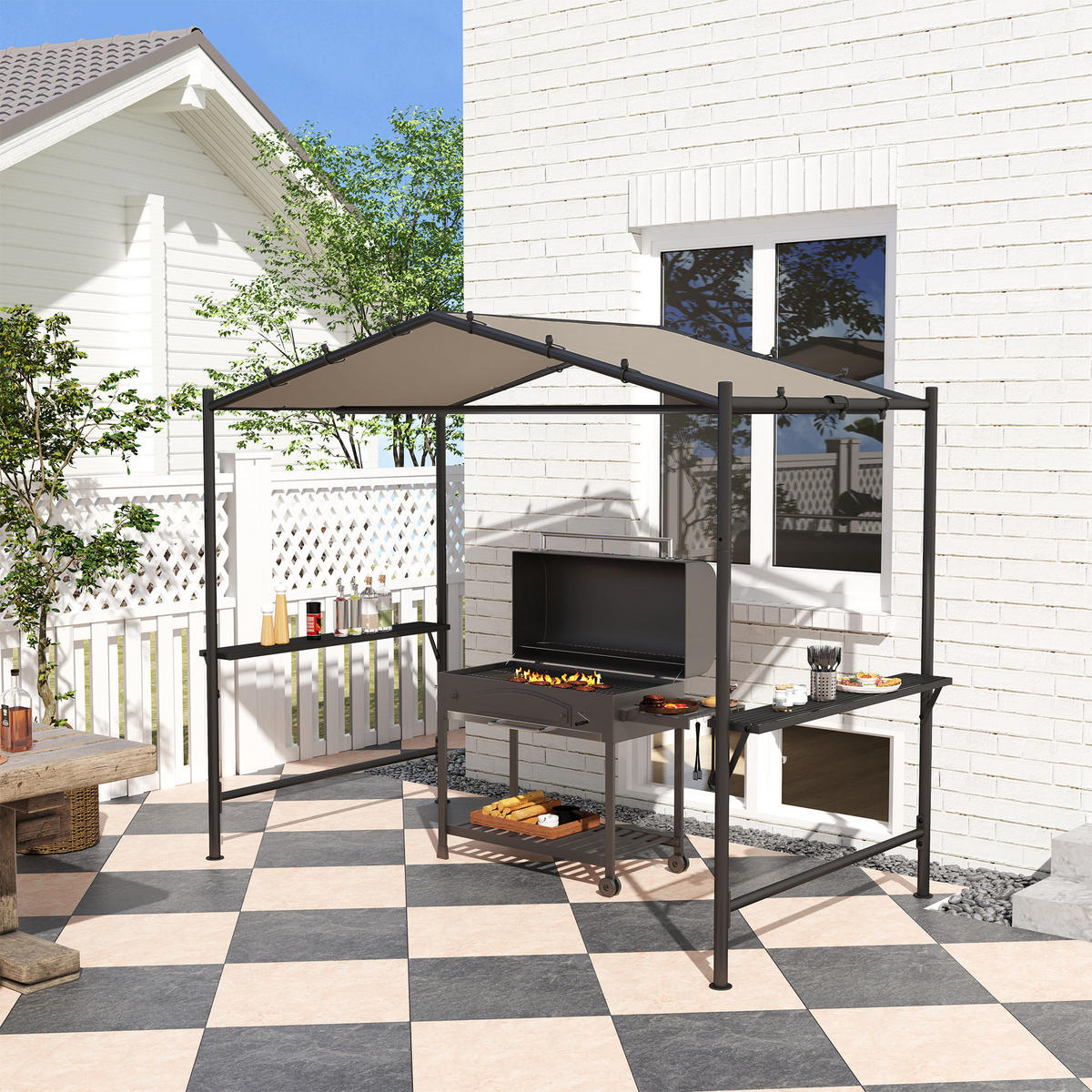 GRILLPAVILLON 277 x 149 x 230 cm, Khaki - Beige, Metall (149/230/277cm) - Outsunny