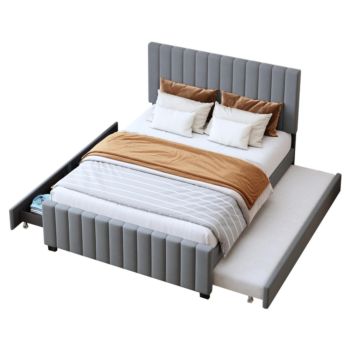 POLSTERBETT 140/190 cm Grau mit Ausziehbett und zwei Schubladen - Grau, Textil (140/190cm) - OKWISH