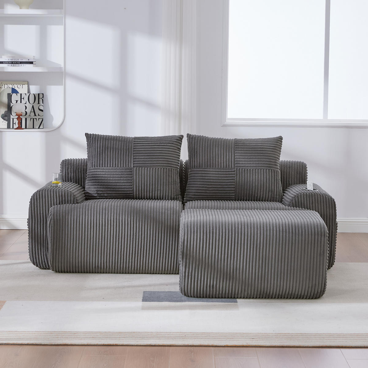 MODULARES 2-Sitzer Cordsofa mit Hocker Getränkehalter und Seitentasche 200/174/80 cm Dunkelgrau - Dunkelgrau, Textil (174/200cm) - Redom
