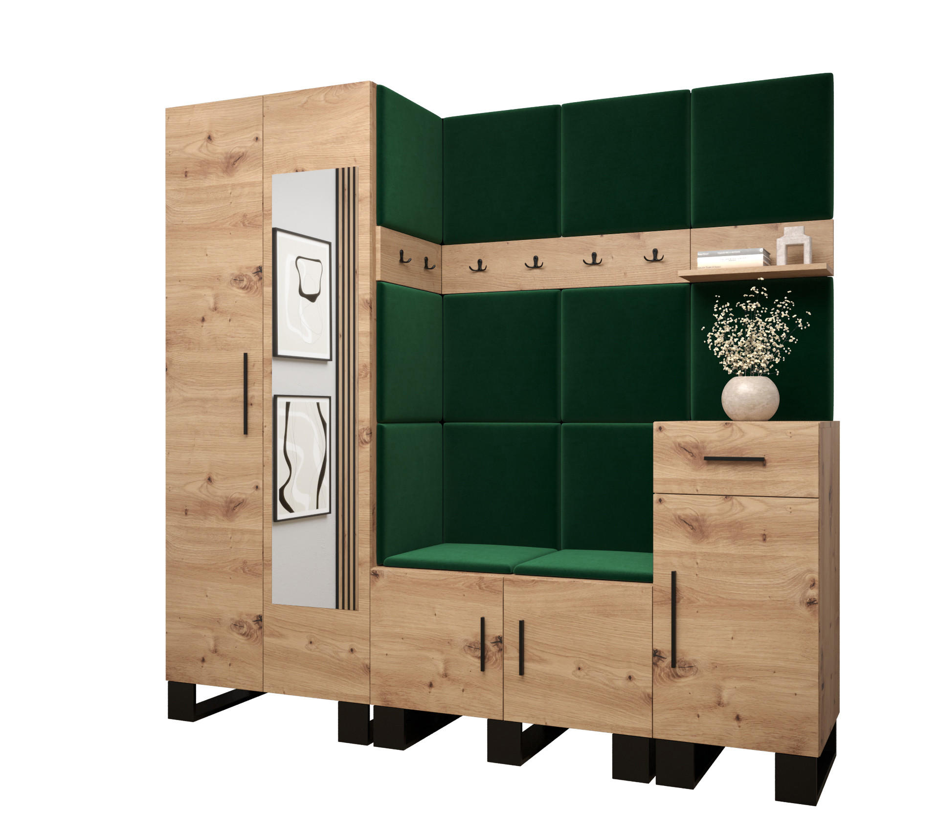 Abiks Möbel Garderoben-Set Eiche Artisan, Waldgrün 200x196x45.6 cm