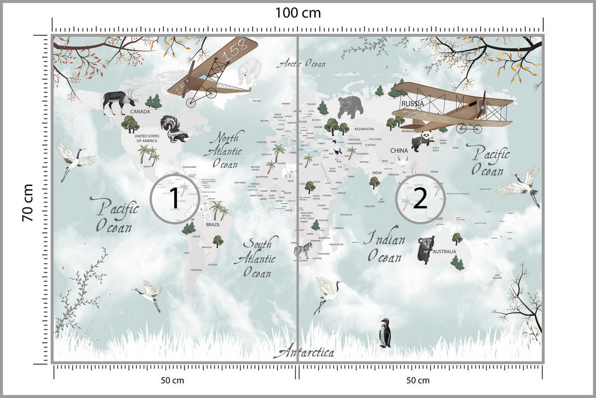 FOTOTAPETE für Kinderzimmer Weltkarte Tiere Flugzeuge Pflanzen 100x70 - Blau/Beige, Papier (100/70cm) - Muralo