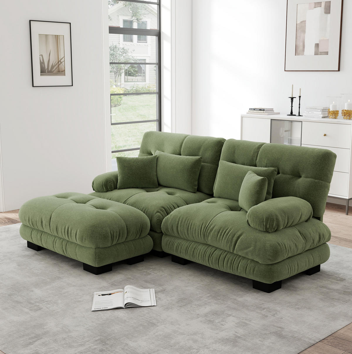 SOFA modular Chenille Green mit beweglichen Ottomans - Grün, Holzwerkstoff (145/220cm) - Meubliv