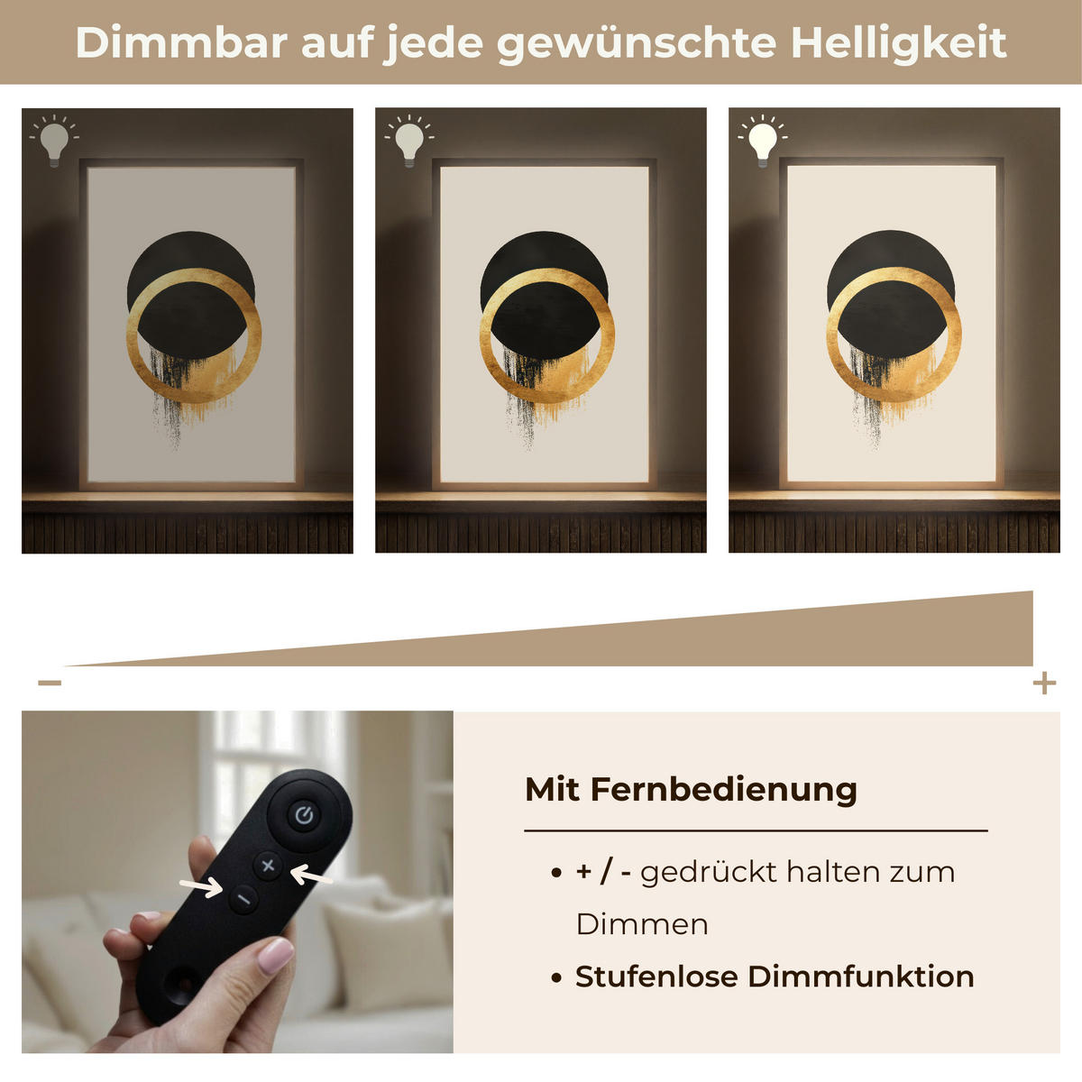 WANDLEUCHTE MIT AKKU Abstraktes Design - Schwarzer Kreis - Farbflecken 40x60 cm - Creme, Holzwerkstoff (40/60/8cm) - OnlyWow