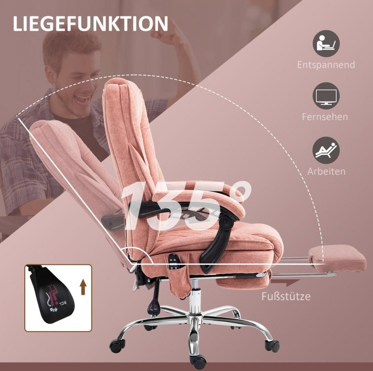 DREHSTUHL 72/67/111-119 cm rosa aus Polyester mit Massage und Wärme - Pink, Kunststoff (67/119/72cm) - OKWISH