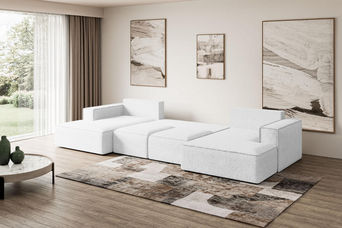 WOHNLANDSCHAFT mit Schlaffunktion und Bettkasten SIERRA-U-S - 349x161x87 cm Weiß Bouclé - Schwarz/Weiß, Holzwerkstoff/Kunststoff (349/87/161cm) - ALTDECOR