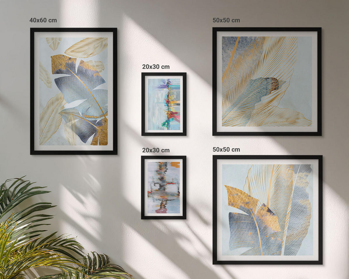BILDER SET 5er Set - 50x50 cm & 20x30 cm & 40x60 cm Schwarzer Rahmen - abstrakte Muster in Blautönen - Schwarz, Kunststoff (40/60cm) - TULUP