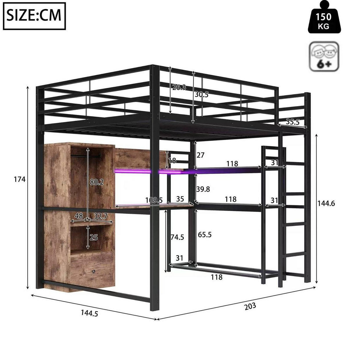 HOCHBETT 140/200 cm Schwarz aus Metall und MDF mit LED-Beleuchtung - Schwarz, Holzwerkstoff (140/200cm) - OKMYHOME