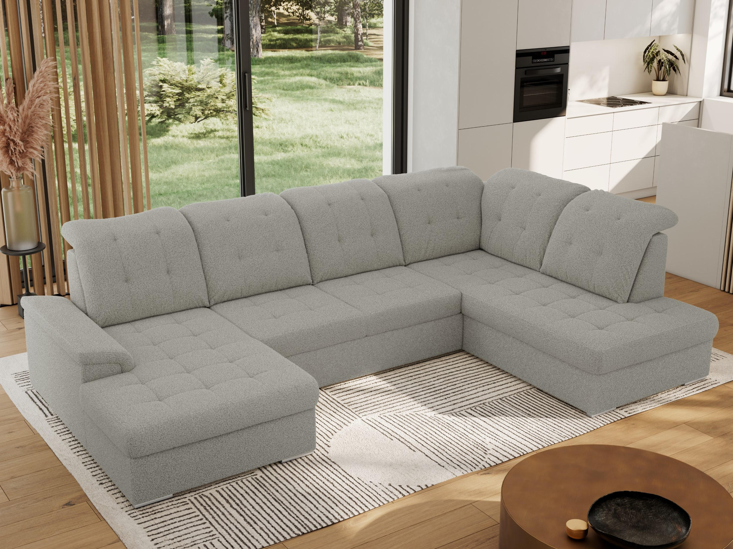 WOHNLANDSCHAFT MADRITO U - Hellgrau Boucle - Rechts - Silberfarben/Hellgrau, Textil/Metall (323/89/204cm) - MKS