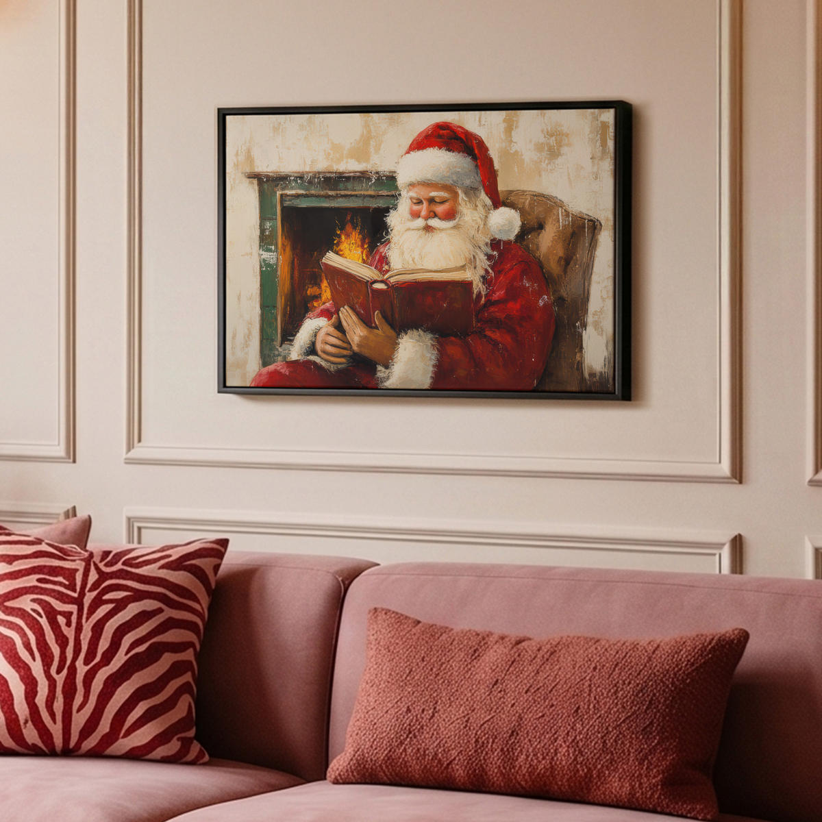 LEINWAND Bilder mit Rahmen - Weihnachten - Weihnachtsmann - Winter - Open Fireside - 60x40 - Dunkelrot, Textil (60/40cm) - MuchoWow