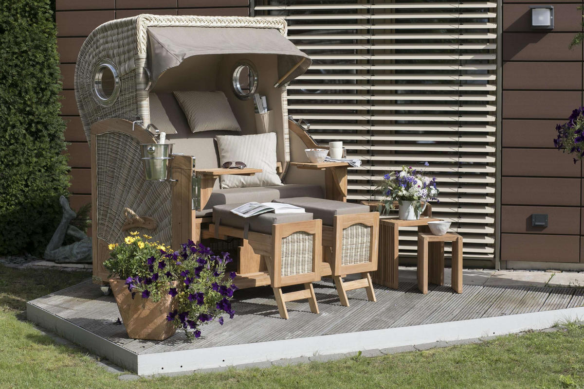 STRANDKORB Düne 2-Sitzer Teak Shell - Taupe/Braun, Holz/Metall (125/170/80cm) - Mr. Deko