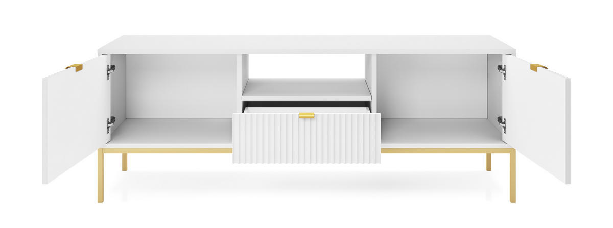LOWBOARD Eternas 2T 1S Weiß 154/56/39 cm – goldene Füße, mit geriffelten Fronten und offener Ablage - Goldfarben/Weiß, Holzwerkstoff (154/56/39cm) - AX Living