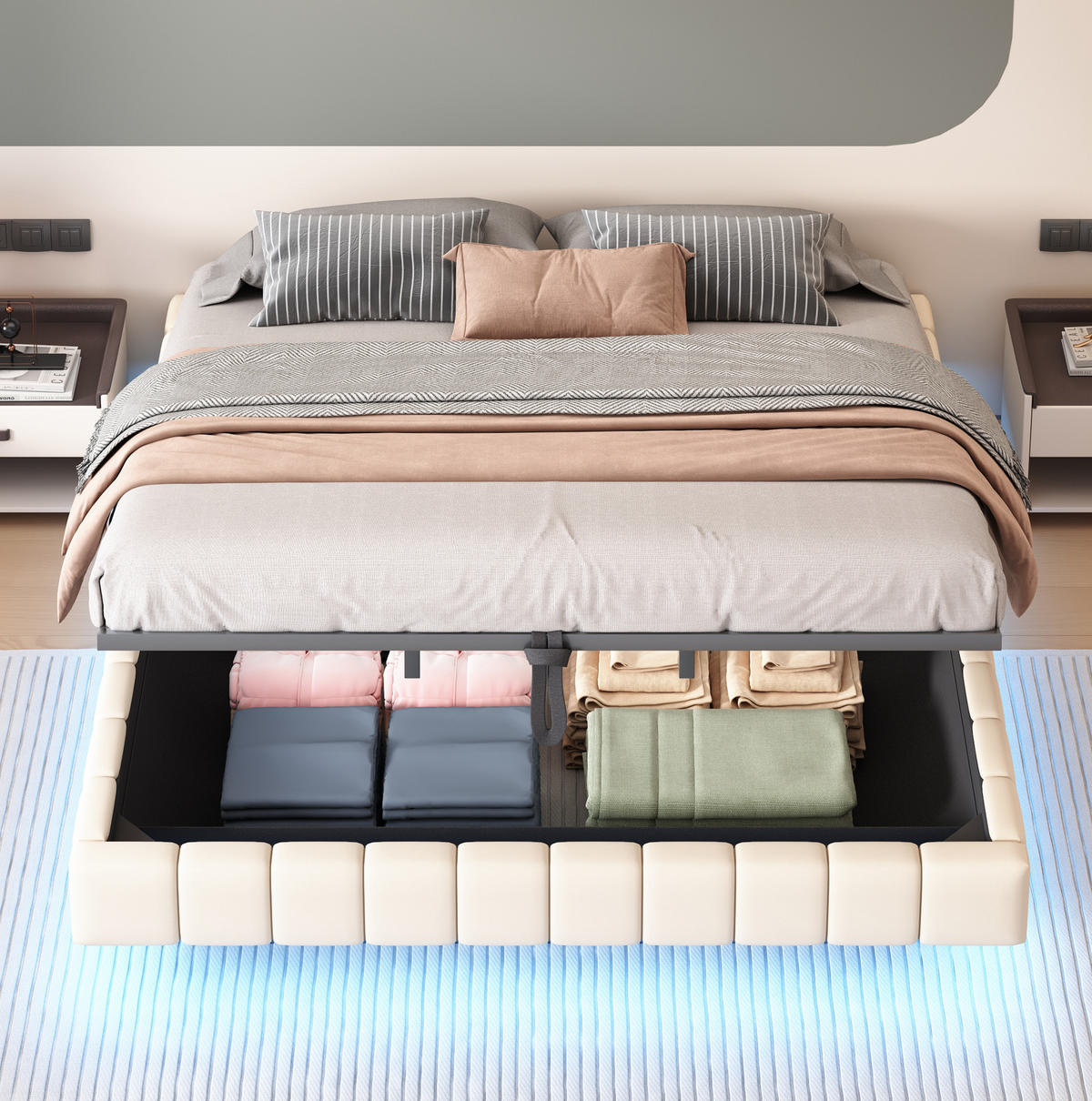 ČALÚNENÁ posteľ 180/200 cm béžová s LED osvetlením a úložným priestorom z ľanovej tkaniny - béžová, textil (180/200cm) - OKWISH