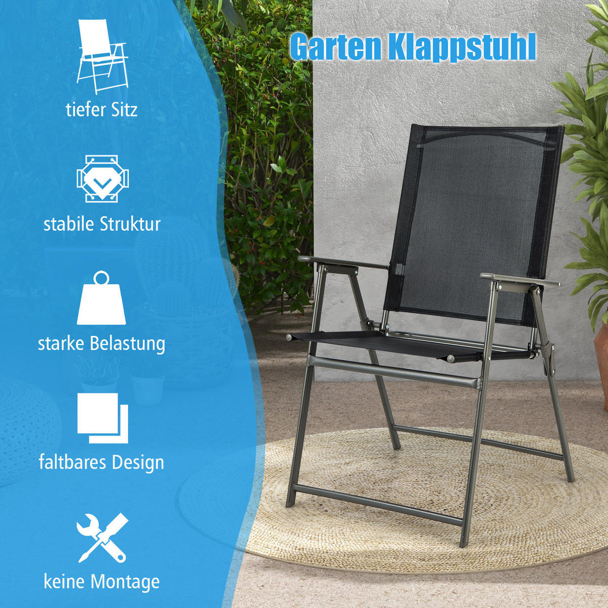 TERRASSENSTUHL Schwarz (2er-Set) - Schwarz, Metall (58/69/62cm) - COSTWAY