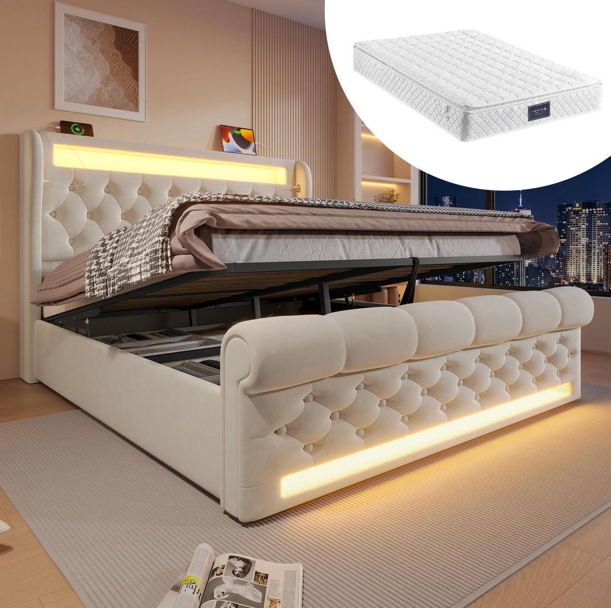POLSTERBETT 140/200 cm Beige aus Samt mit Stauraum, LED und Matratze - Beige, Textil (140/200cm) - OKMYHOME