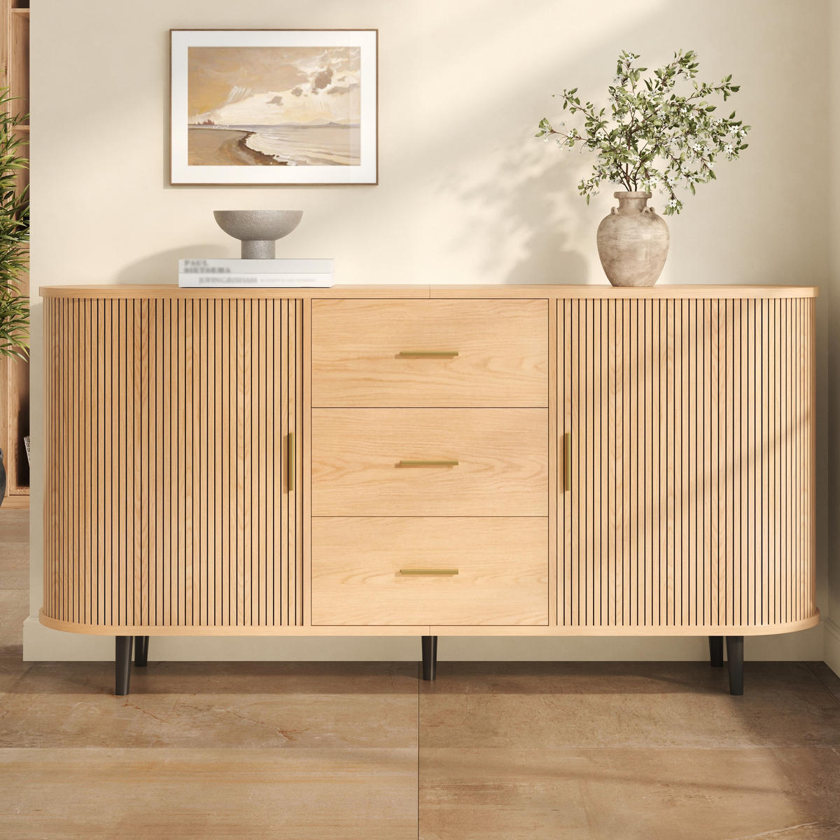 KOMODA 3 Zásuvky Posuvná dvířka Rýhy - přírodní, kompozitní dřevo (160/80.5/40cm) - FLIEKS