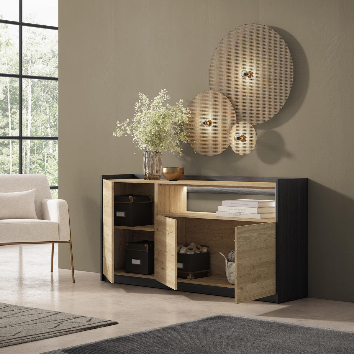 SIDEBOARD, Eiche und Schwarz, 156/37/80cm, mit Led - Eichefarben, Holzwerkstoff (156/80/37cm) - Skraut Home