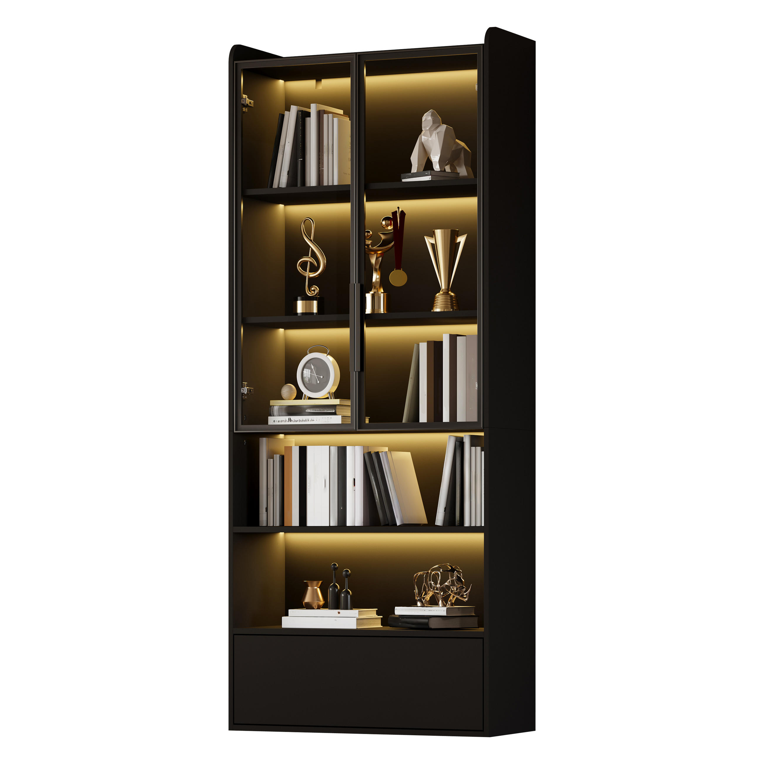 VITRINE 80x34x180 cm Schwarz mit LED und Schublade - Schwarz, Holzwerkstoff (80/180/34cm) - FLIEKS