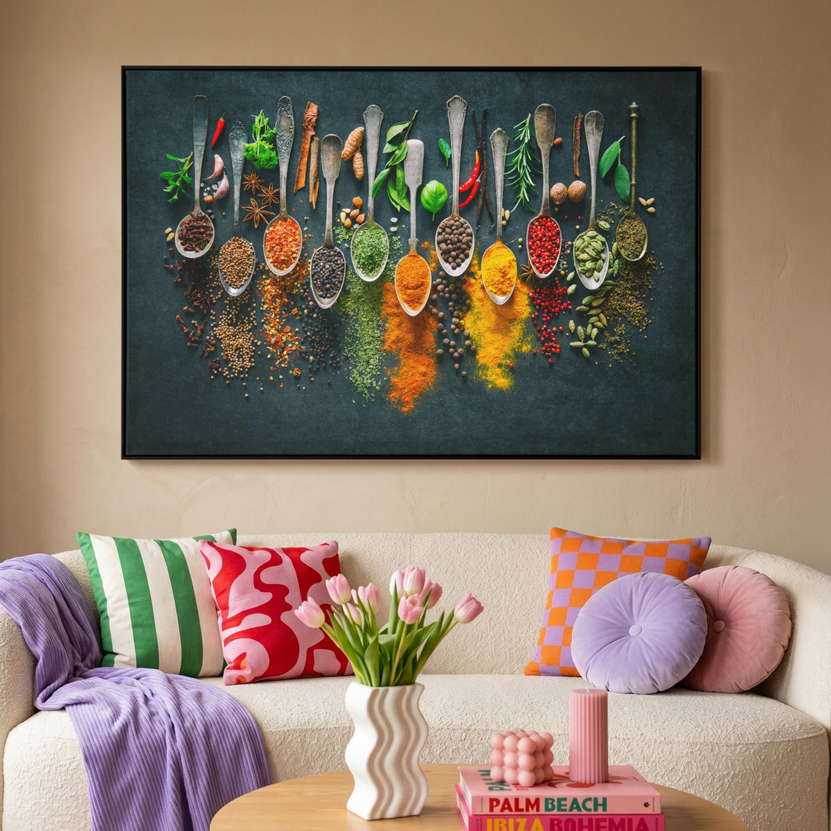 LEINWAND Bilder mit Rahmen - Kräuter - Gewürze - Löffel - 120x80 - Currygelb, Textil (120/80cm) - MuchoWow