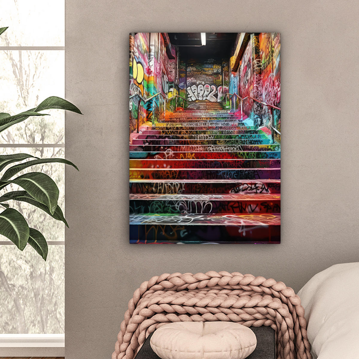 LEINWANDBILD Treppe - Graffiti - Farben - Kunst Wandbild Wohnzimmer 60x80 cm - Multicolor, Textil (60/80cm) - MuchoWow