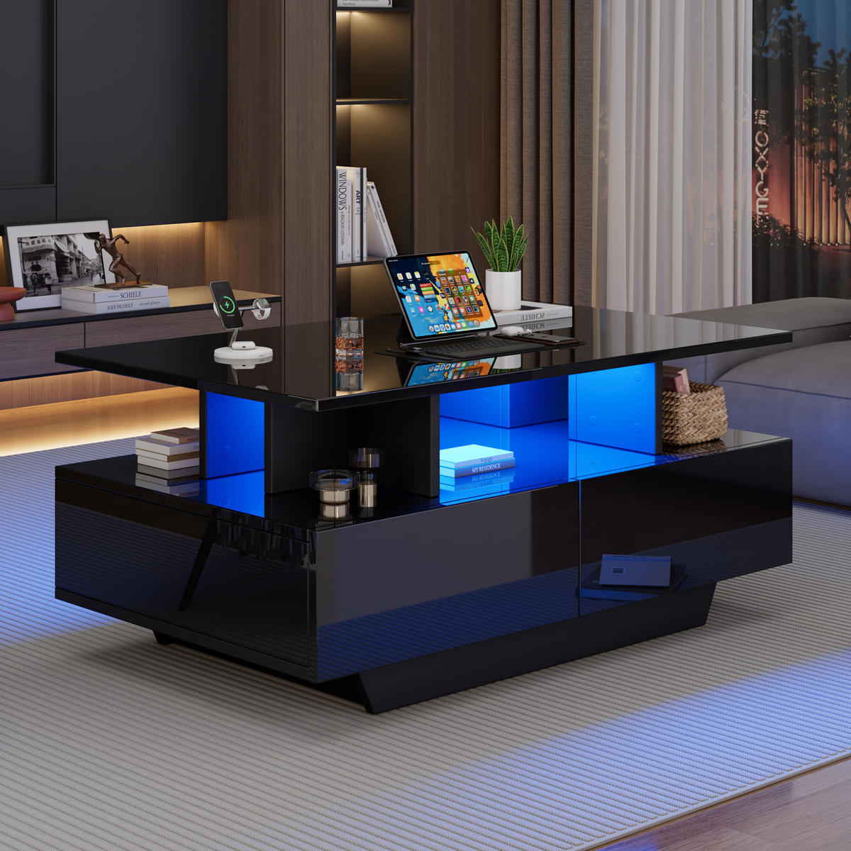 COUCHTISCH aus Spanplatte 90x55x41 cm in Schwarz mit LED-Beleuchtung - Schwarz, Holzwerkstoff (90/55/41cm) - Modfu
