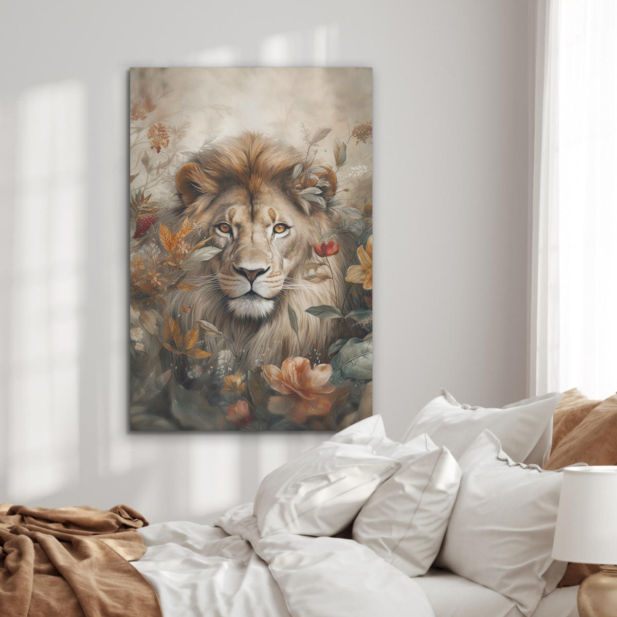 AKUSTIKBILD Löwe - Wildtiere - Pflanzen - Natur - Blumen Wanddeko 60x90 cm - Beige, Kunststoff (60/90/0.9cm) - MuchoWow