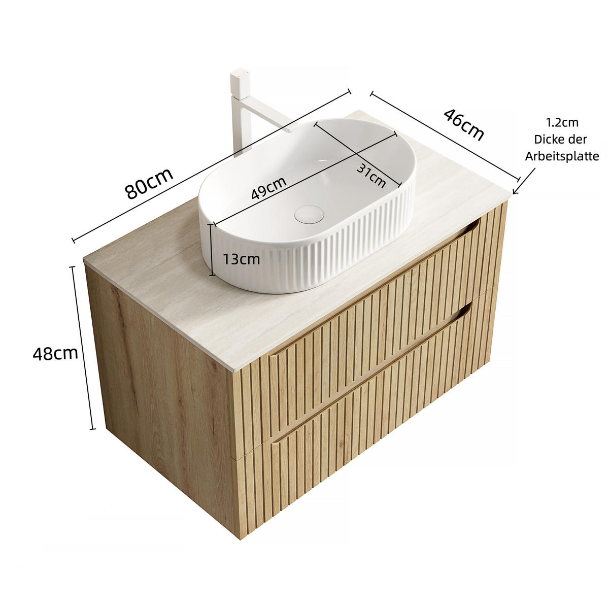 WASCHTISCHUNTERSCHRANK 80x46x62.2cm Weiß/Eiche mit ovalem Keramikbecken & 2 Schubladen - Eichefarben, Keramik (80/62.2/46cm) - Modfu