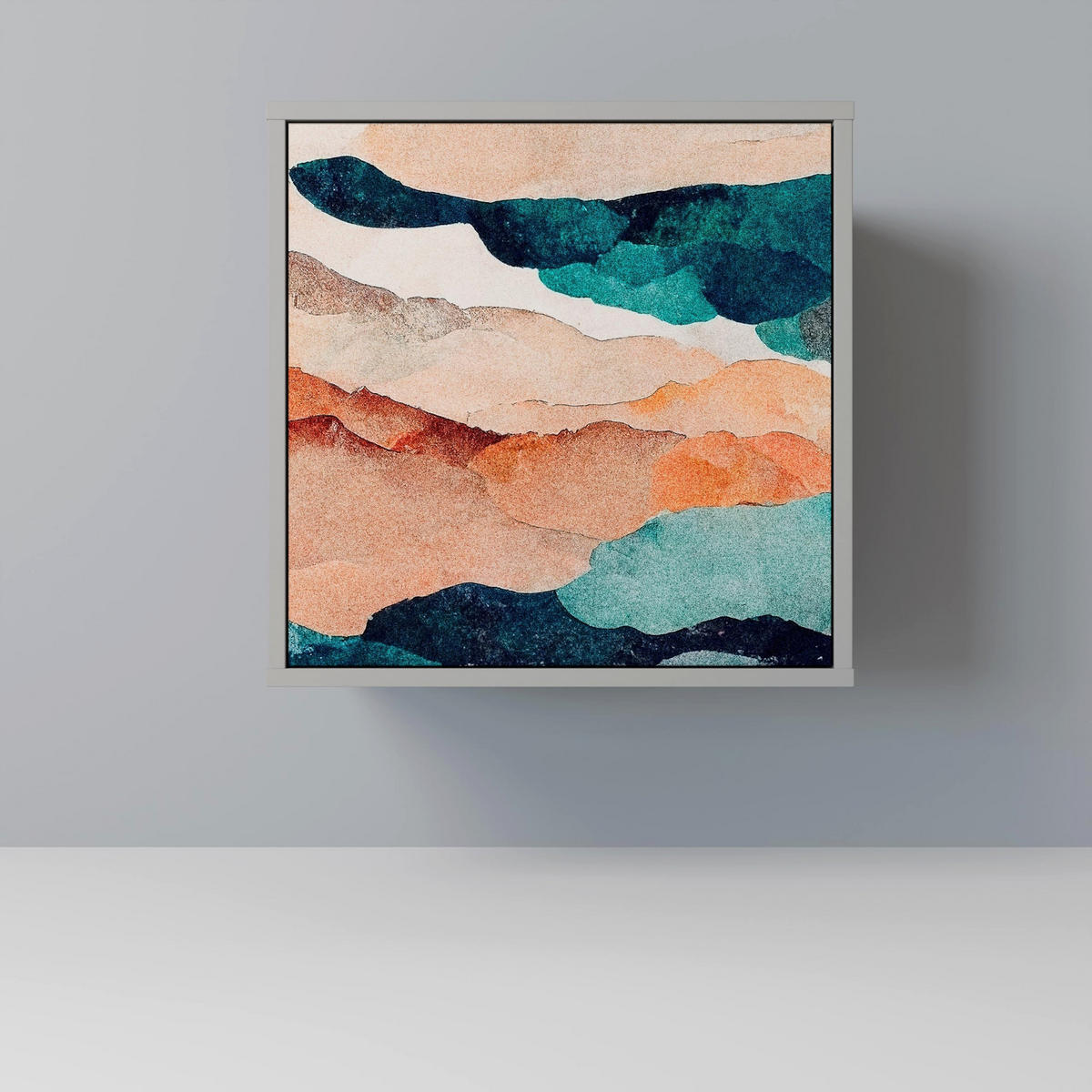 SIDEBOARD ABSTRACT LANDSCAPE, Grau, 57,5x42x72,5 cm, Schwarze Metallfüße - Multicolor/Schwarz, Holzwerkstoff/Metall (57.5/72.5/42cm) - SpaceRebels