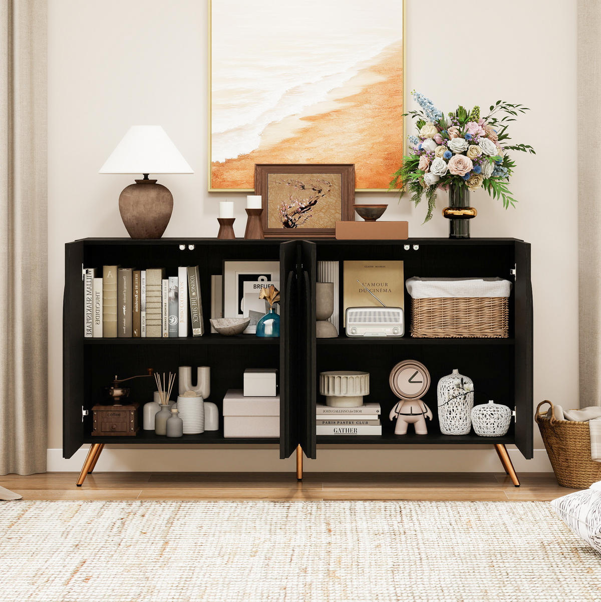 SIDEBOARD mit verstellbaren Einlegeböden, 3D-Vertikalrillen und Bogentüren aus Holzwerkstoff, Schwarz - Schwarz, Holzwerkstoff (150/83/38cm) - Redom