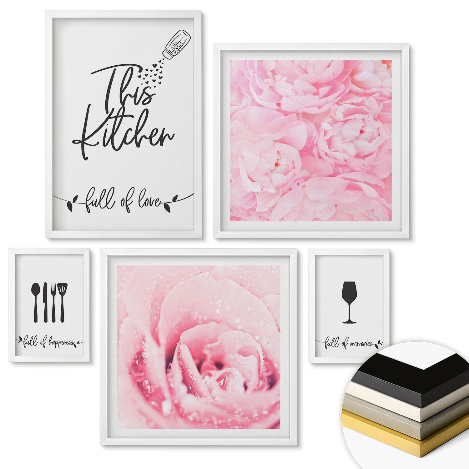 WANDBILDER 5er-Set - 50x50 cm & 20x30 cm & 40x60 cm Weißer Rahmen - Zen-Gemälde, Wassersteine, Buddha - Weiß, Kunststoff (40/60cm) - ArtPrintCave