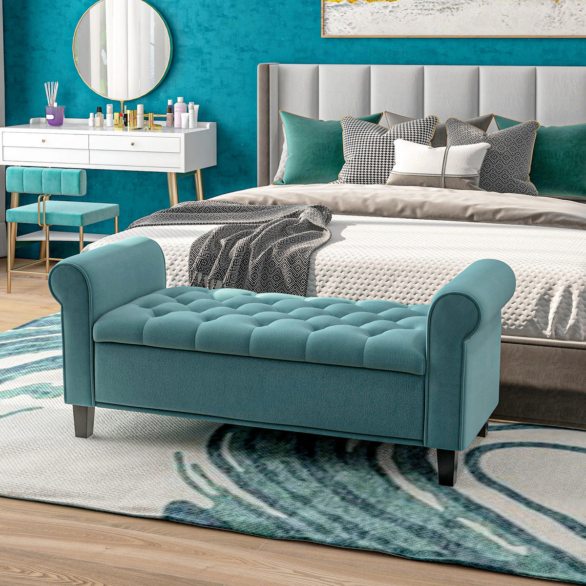 POLSTERBANK, Bettbank, Sitzbank in Samtoptik, Flurbank mit Stauraum, Grün - Grün, Kunststoff (48.5/57/126cm) - HOMCOM