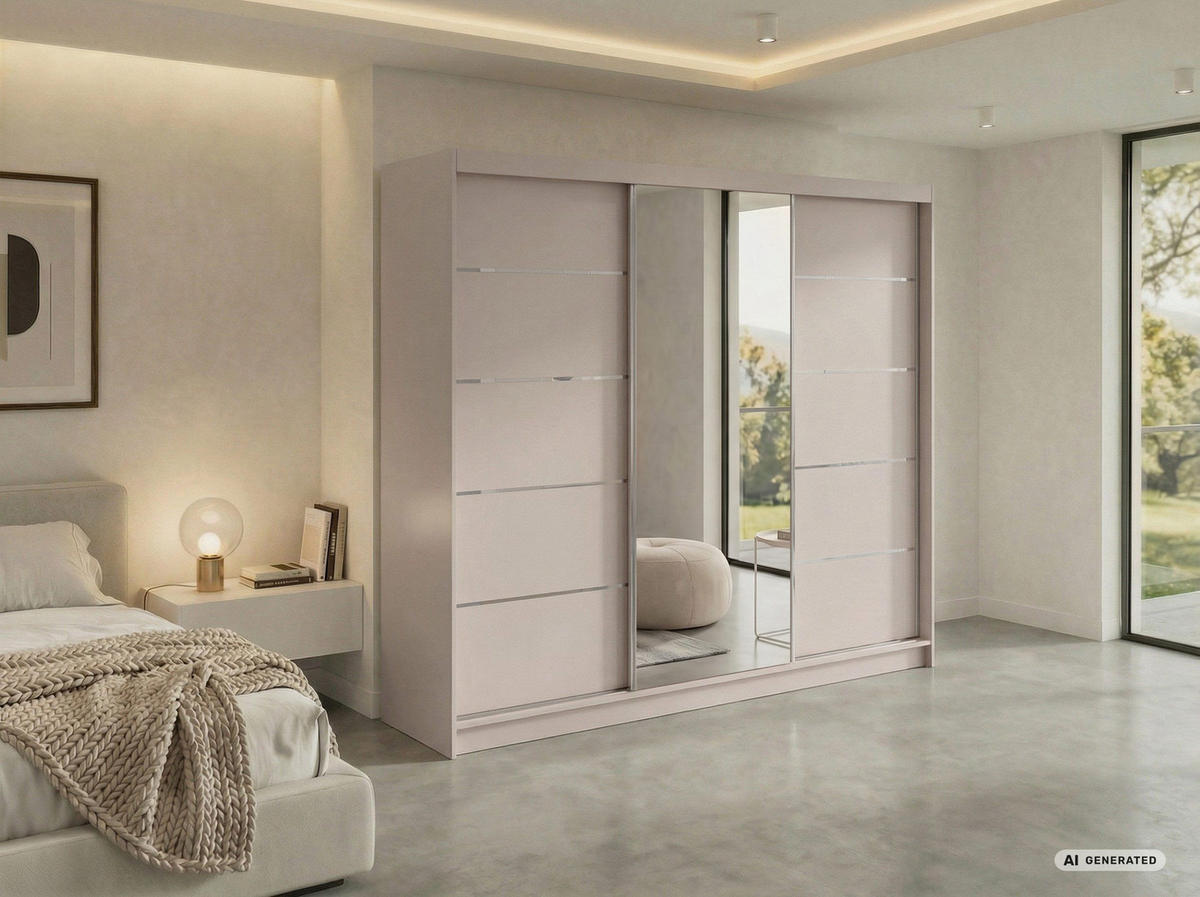 SCHWEBETÜRENSCHRANK 240 - SKORIA - Kaschmir mit Spiegel - Kaschmir/Alufarben, Holzwerkstoff/Metall (240/216/61cm) - MKS
