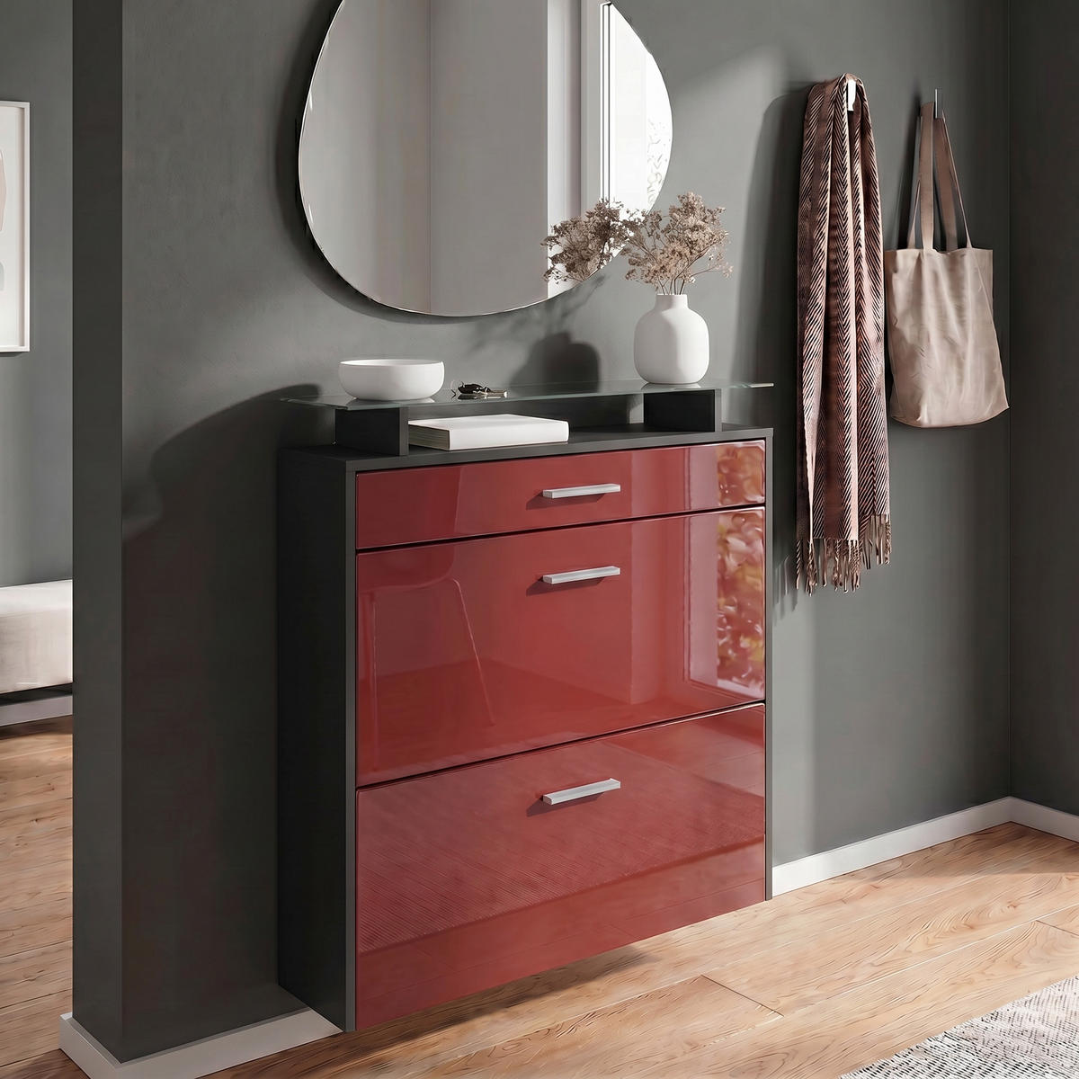 SCHUHSCHRANK Malea Fronten in Bordeaux Hochglanz - Bordeaux, Holzwerkstoff (89/96/23cm) - Vladon