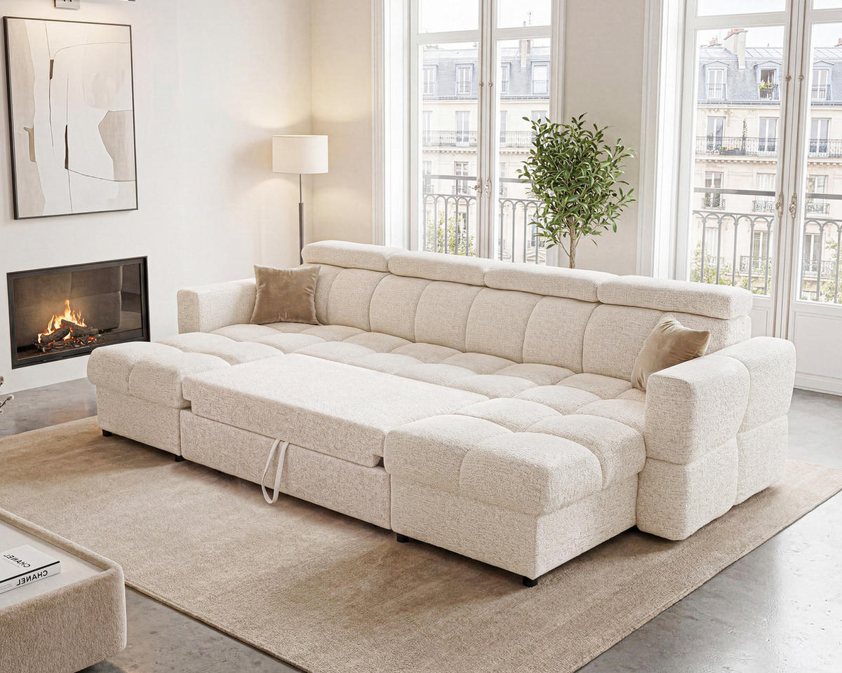 WOHNLANDSCHAFT BELUNO mit Schlaffunktion und Bettkasten Beige - Beige/Schwarz, Kunststoff/Textil (302/84/160cm) - Idohome