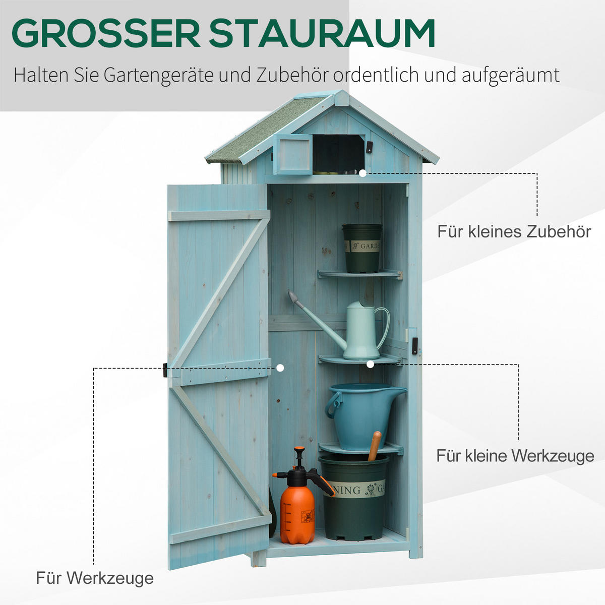 GARTENSCHRANK Geräteschuppen mit Fachböden, Asphaltdach Fenster, Holz, Hellblau+Grün - Hellblau/Grün, Holz (54.2/179/77cm) - Outsunny