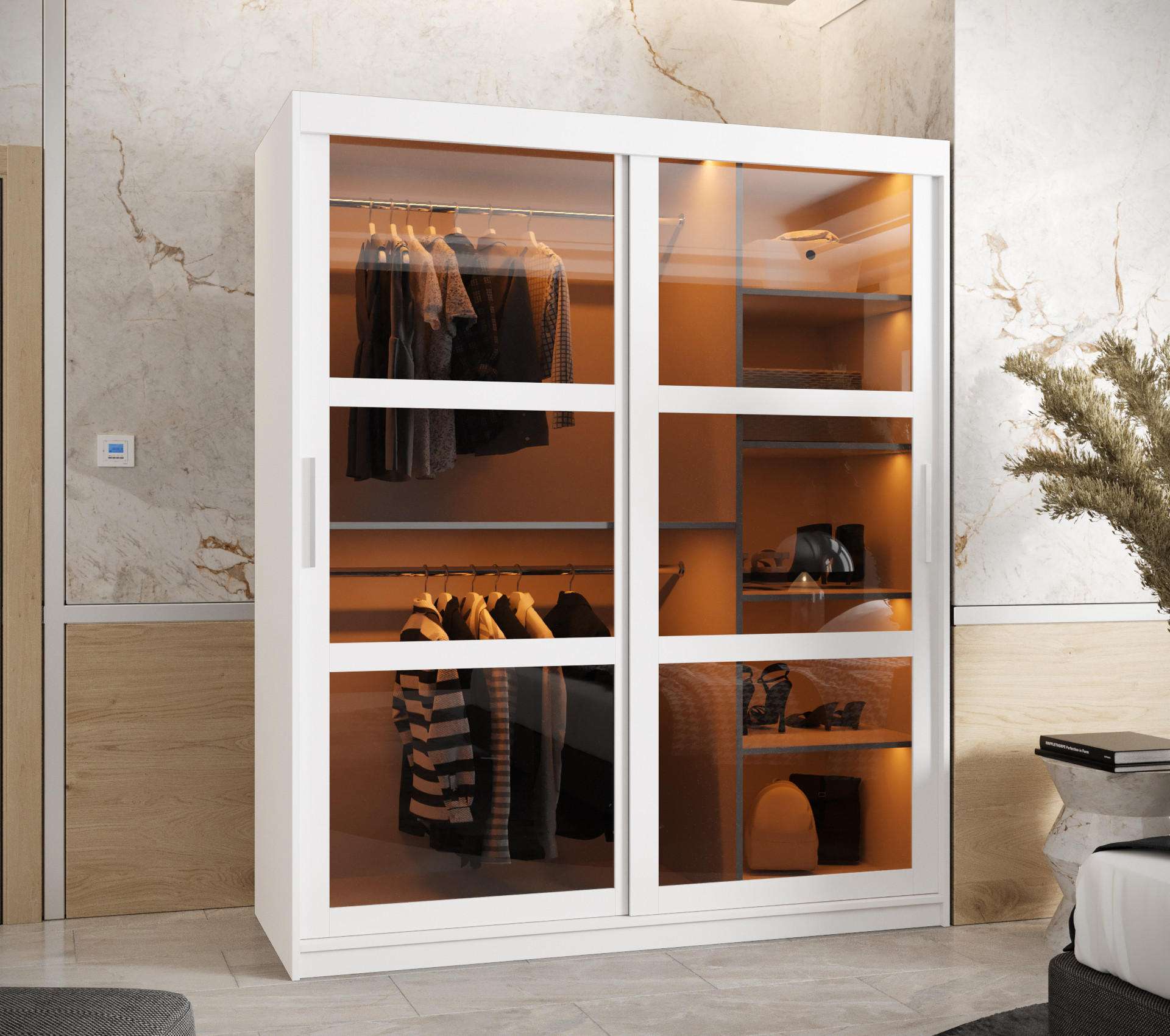 SCHWEBETÜRENSCHRANK 200/150/62 2-türig - Silberfarben/Weiß, Holz/Kunststoff (150/200/62cm) - Abiks Möbel