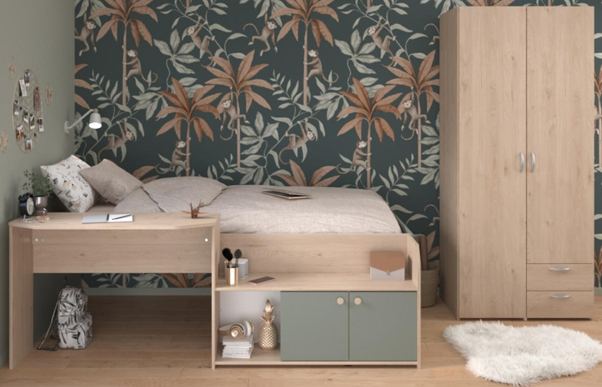 KINDERZIMMER Eiche, grün 2-teilig, Jugendzimmer-Set mit Stauraumbett und Kleiderschrank - Eichefarben/Silberfarben, Holzwerkstoff/Kunststoff (203/79/136cm) - Parisot Meuble