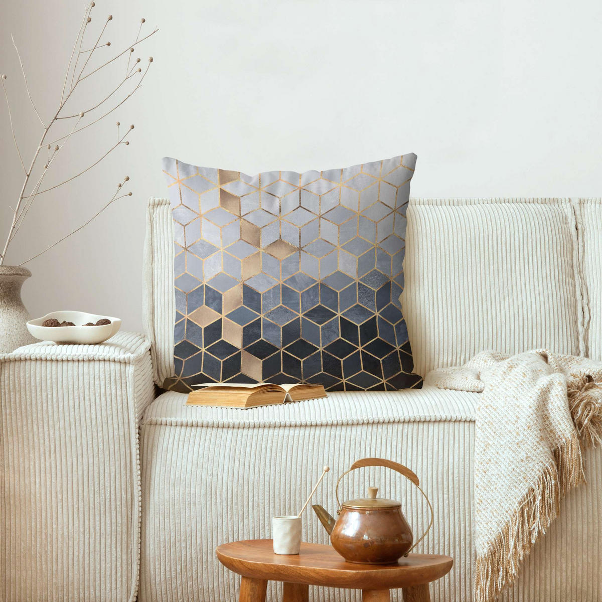 KISSENBEZUG Blau Weiß goldene Geometrie 50/50 cm - Goldfarben, Textil (50/50cm) - Bilderwelten
