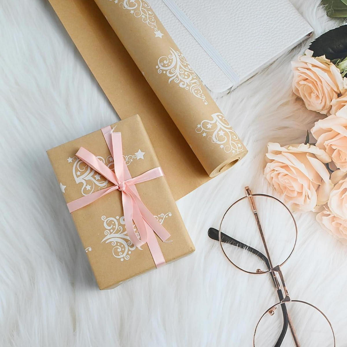 GESCHENKPAPIER Rolle 15 m Kraftpapier bedruckt Baum und Stern - Beige, Papier (43/0.1/1500cm)