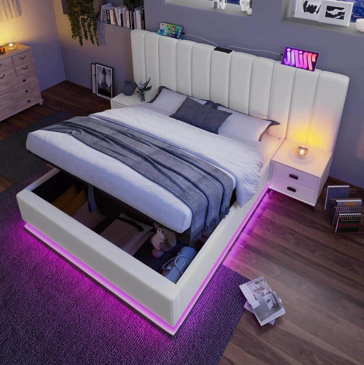 POLSTERBETT 160/200 cm Weiß aus PU mit Stauraum und LED - Weiß, Kunststoff (160/200cm) - OKWISH