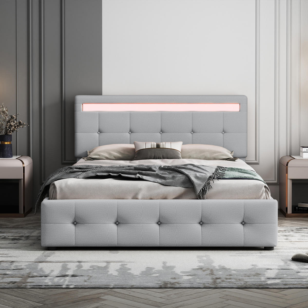 POLSTERBETT 140/200 cm grau mit LED-Beleuchtung, Lattenrost & 4 Schubladen - Grau, Textil (140/200cm) - OKWISH