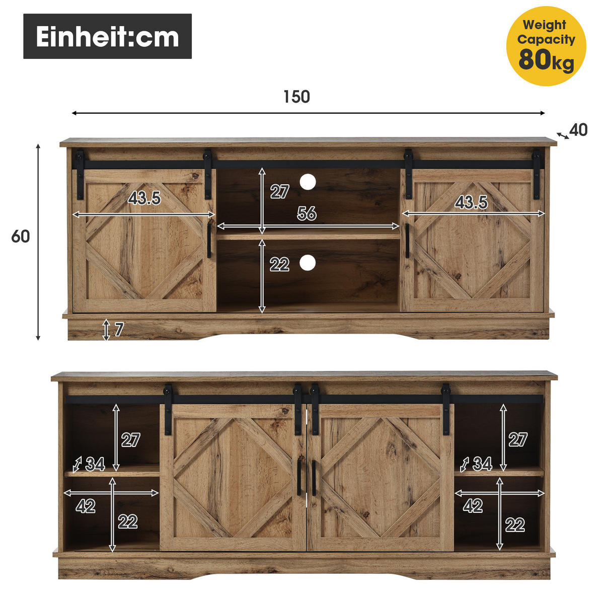 TV-SCHRANK 150/40/60 cm rustikales Braun mit 2 Schiebetüren und höhenverstellbaren Regalen - Braun, Holzwerkstoff (150/60/40cm) - OKWISH