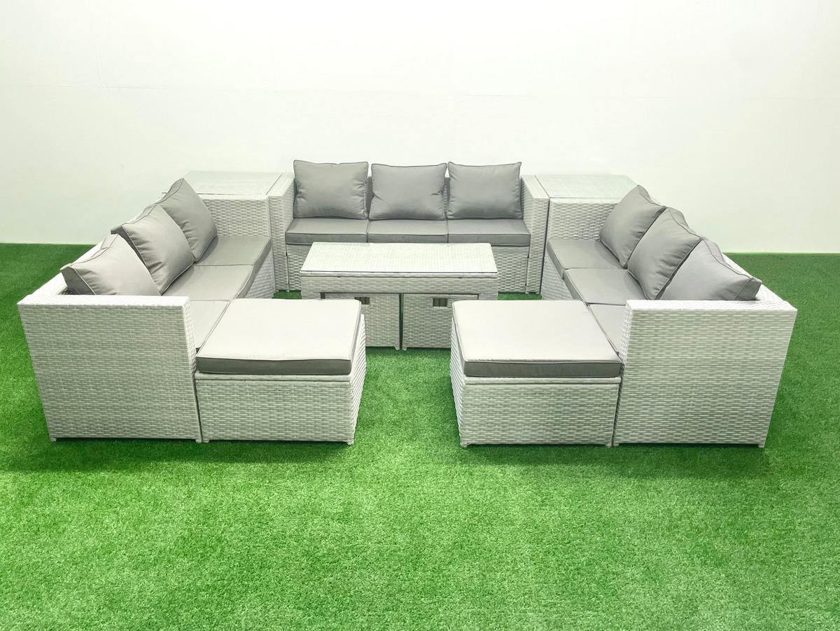 BALKONMÖBEL-SET Polyrattan Hellgrau-Mix 13-teilig - Hellgrau/Grau, Glas/Kunststoff - Fimous
