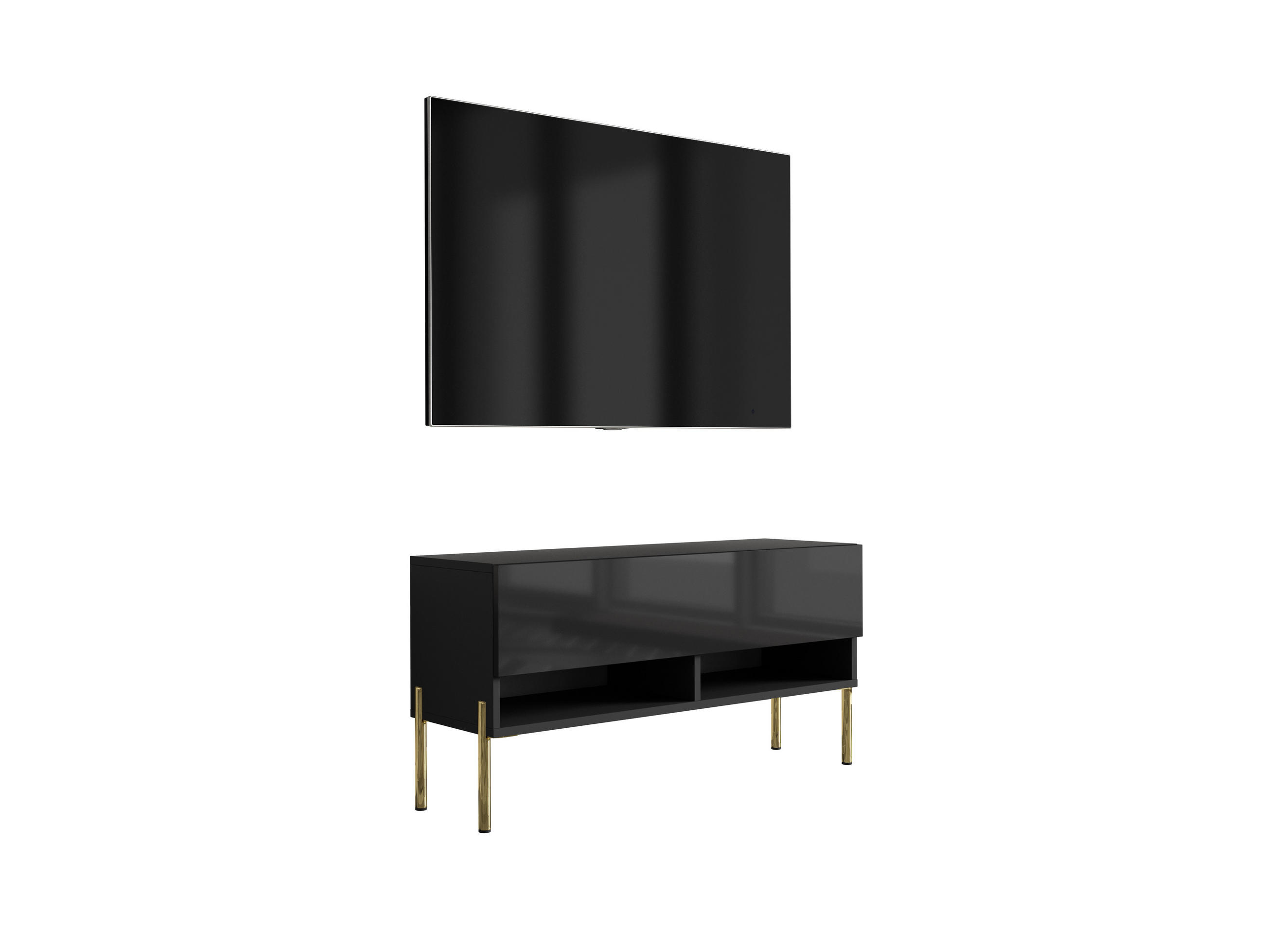 TV-LOWBOARD 100 cm Mattschwarz / Hochglanzschwarz, gerade goldene Beine, 100 × 32 × 52 cm - Schwarz, Holzwerkstoff (100/52/32cm) - 3XE LIVING