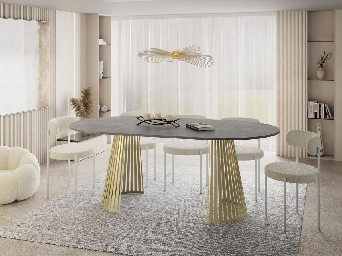 ESSTISCH Naro rund ausziehbar mit Goldenem Lamellen-Metallgestell, Grauer Beton 120-200/120/76 cm - Goldfarben/Hellgrau, Holzwerkstoff/Metall (120/120/76cm) - WFL GROUP