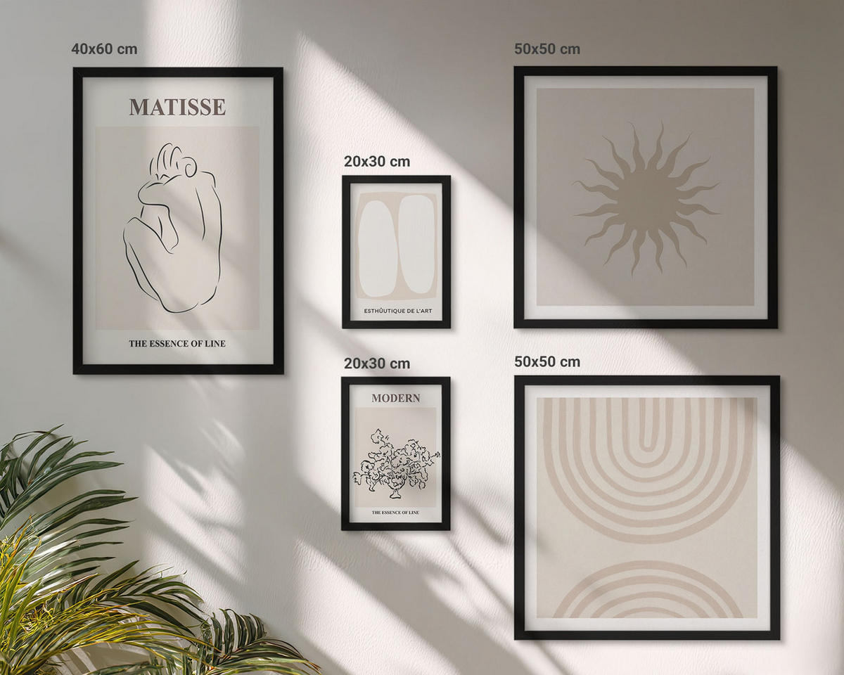 BILDER SET 5er Set - 50x50 cm & 20x30 cm & 40x60 cm Schwarzer Rahmen - Stilvolle minimalistische Linien - Schwarz, Kunststoff (40/60cm) - TULUP