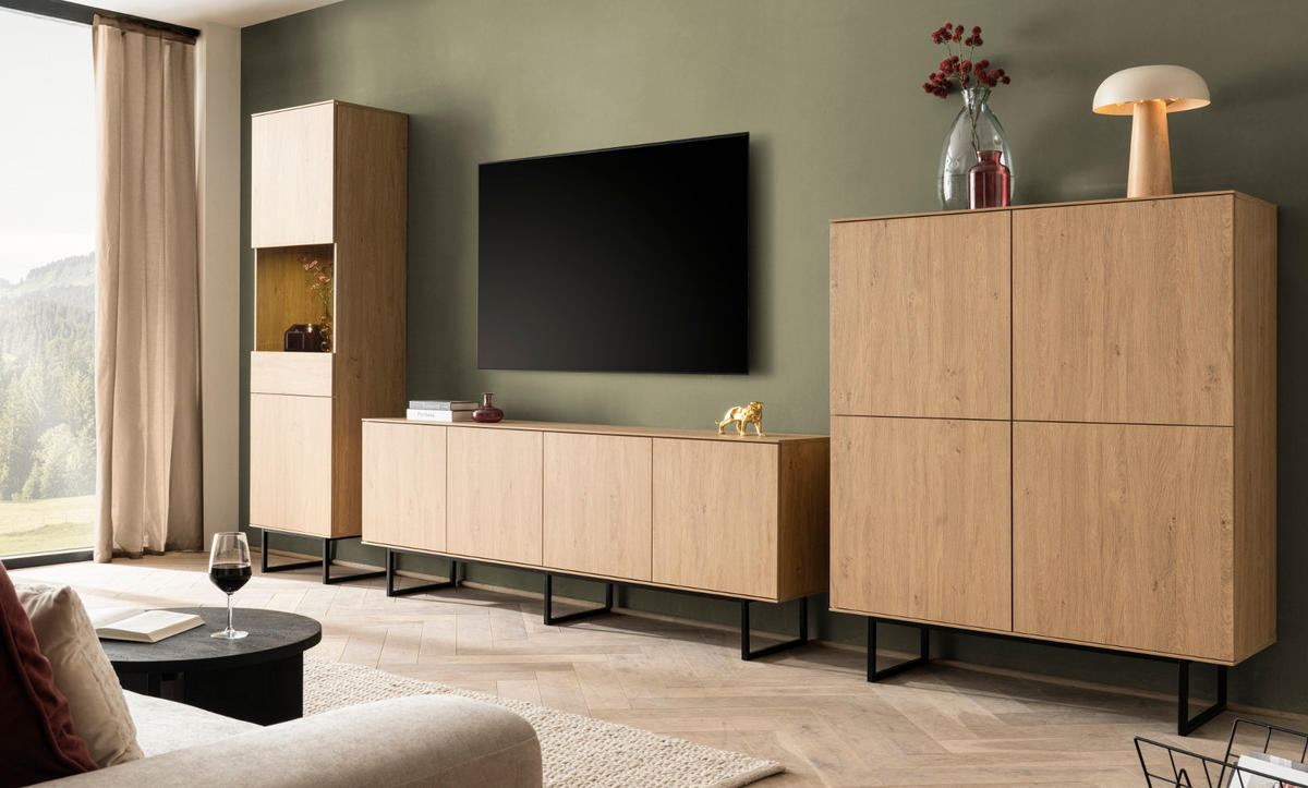 WOHNWAND Stone Eiche, 3-teilig 400 cm, Schrankwand mit Push-to-Open - Eichefarben/Schwarz, Holzwerkstoff/Metall (400/200/40cm) - Furn.Design