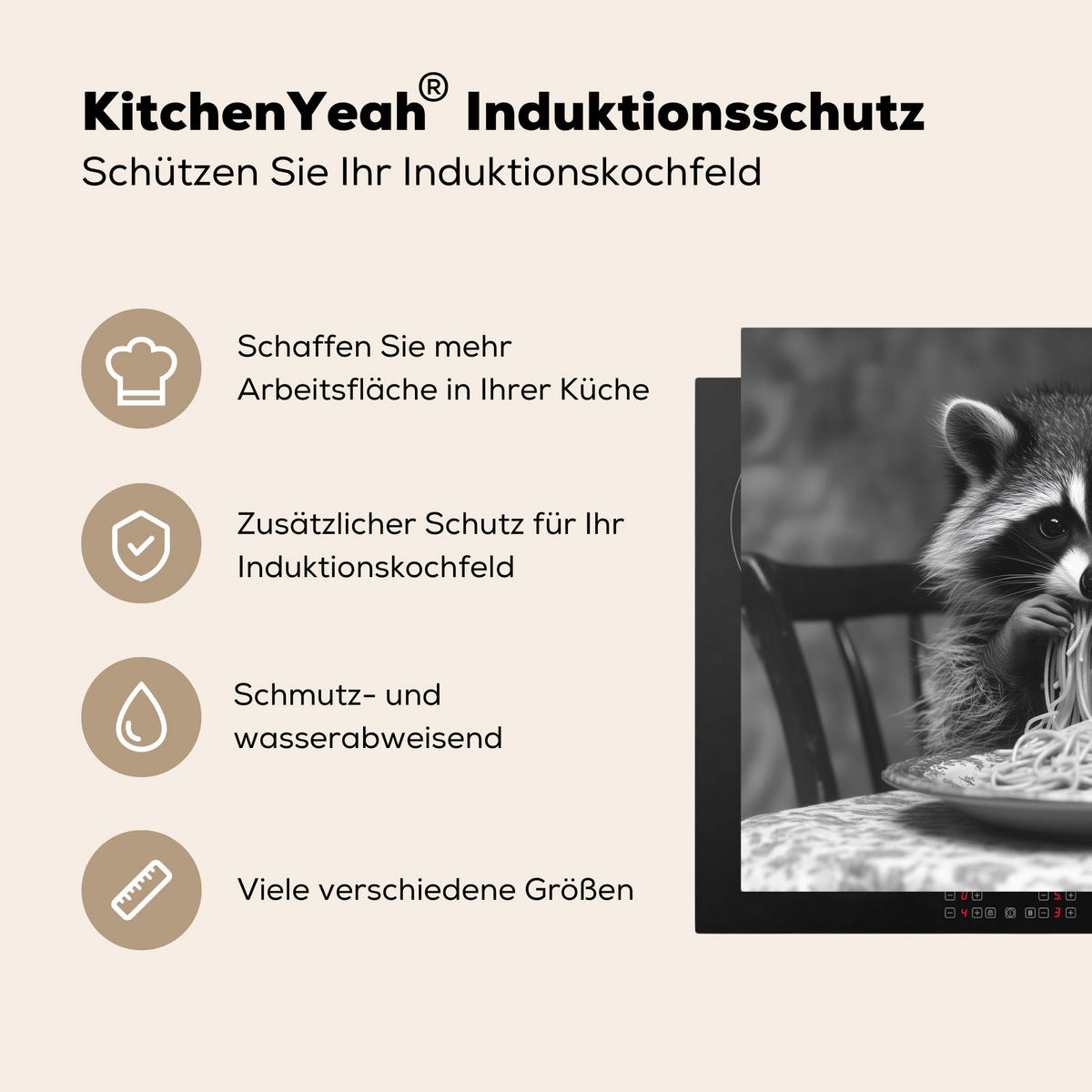 HERDABDECKPLATTE Waschbär - Niedlich - Pasta - Tischtuch - Schwarz - Weiß Induktionsmatte 77x59 cm - Grau, Kunststoff (77/59/0.2cm) - MuchoWow