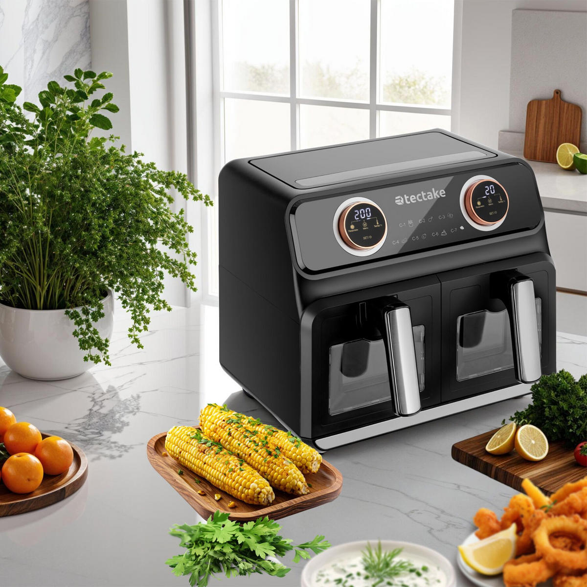 HEISSLUFTFRITTEUSE Samurai, 37,5 x 39 x 31,5 cm, inklusive Rezeptheft, schwarz - Schwarz, Kunststoff (37.5/31.5/39cm) - tectake